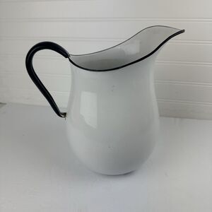 Vintage White Enamel Black Trim Water Milk Pitcher Rustic Cottagecore Farmhouse